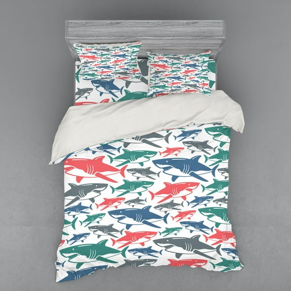 Ambesonne Fish Bedding Set 4 Pcs, Colorful Shark Patterns, Queen, Multicolor