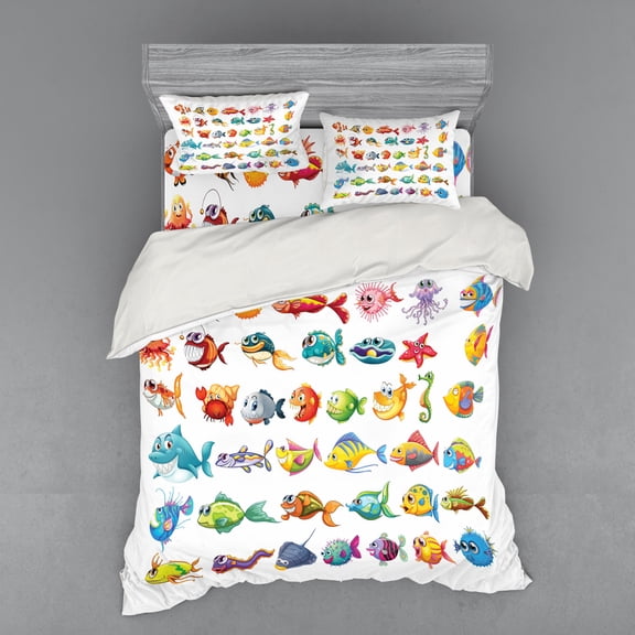 Ambesonne Fish Bedding Set 4 Pcs, Happy Fish Abstract, Queen, Multicolor