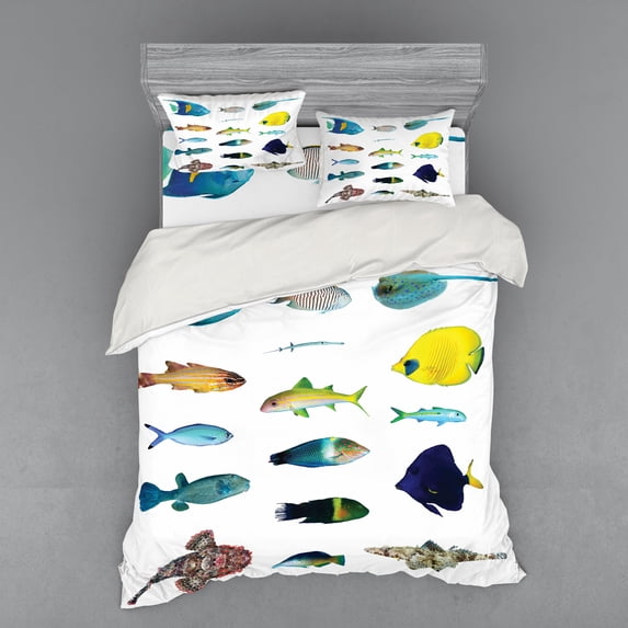 Ambesonne Fish Bedding Set 4 Pcs, Marine Life Creatures, Queen, Multicolor