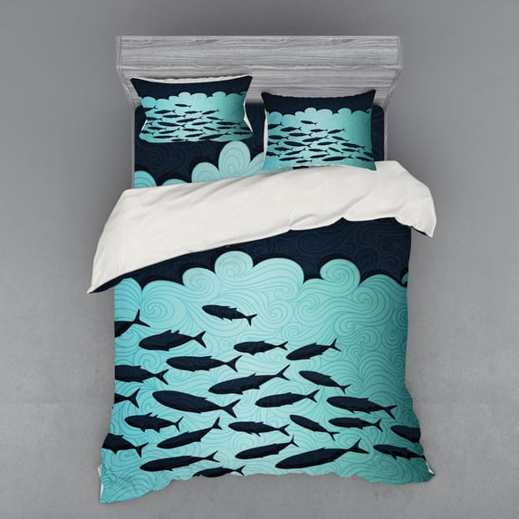 Ambesonne Fish Bedding Set 4 Pcs, Surreal Ocean Life Theme, Queen, Blue Turquoise