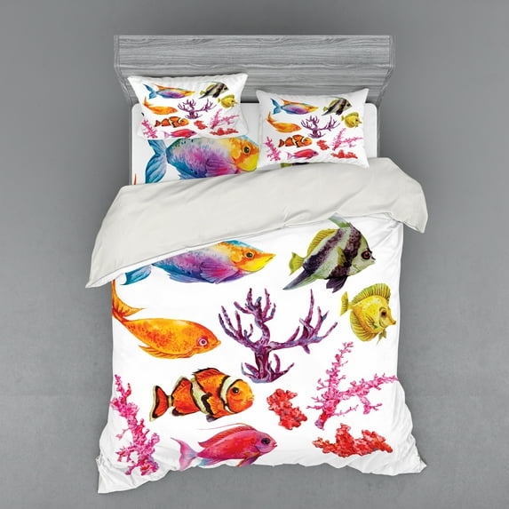 Ambesonne Fish Bedding Set 4 Pcs, Tropic Life Seaweed Coral, Queen, Orange Purple