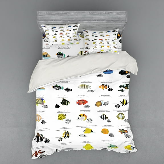 Ambesonne Fish Bedding Set 4 Pcs, Underwater Aquatic Species, Queen, Yellow Blue Black