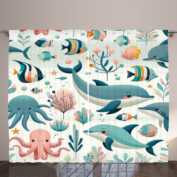 Ambesonne Fish Curtains 2 Panel Set, Cartoon Underwater Friends, 108" x 96", Cadet Blue Blush Orange