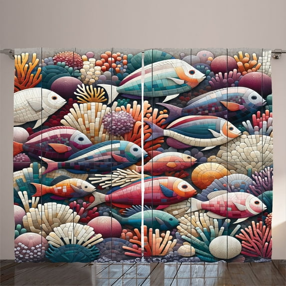 Ambesonne Fish Curtains 2 Panel Set, Mosaic Coral Undersea Life Art, 108" x 63", Plum Orange and Teal