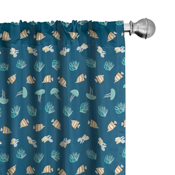 Ambesonne Fish Curtains, Underwater Animals Coral Art, Pair of 28"x95", Dark Sky Blue and Apricot