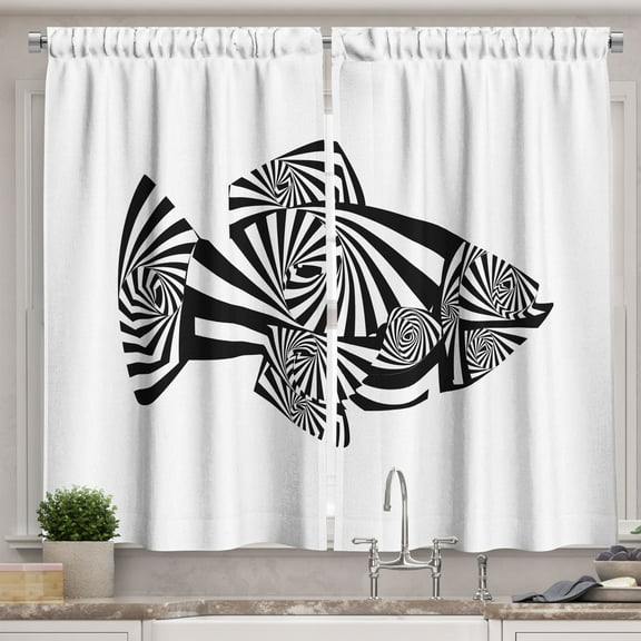 Ambesonne Fish Design Kitchen Curtains, Underwater Animal Print, 55"x30", Charcoal Grey White