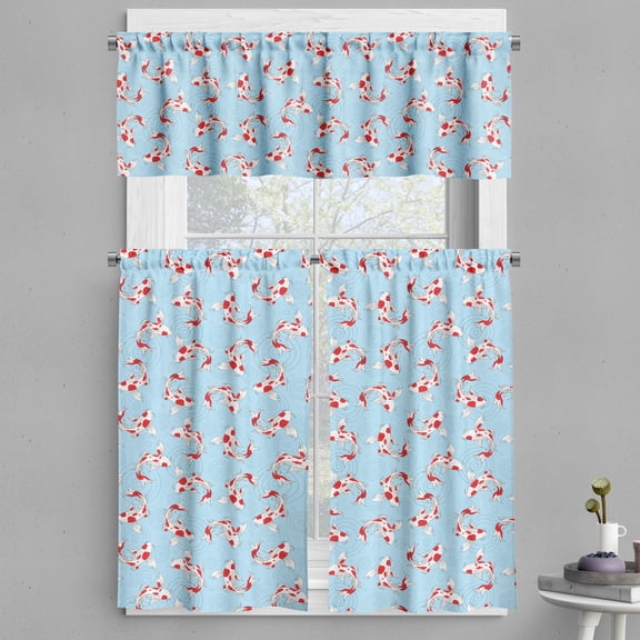 Ambesonne Fish Design Valance & Curtain, Marine Koi Animals Art, 55"x36", Dark Pink and Soft Blue