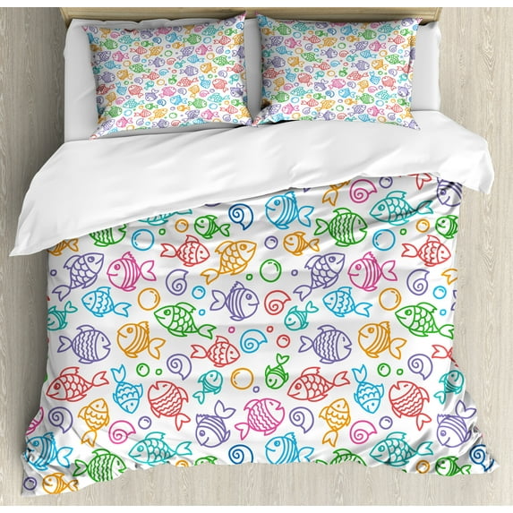 Ambesonne Fish Duvet Cover Sets, Funny Fish Aquaic Motif, 2-King, Multicolor