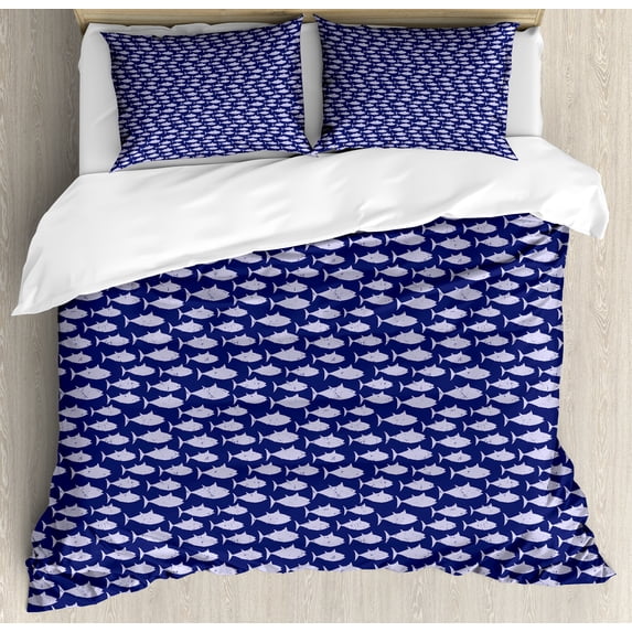 Ambesonne Fish Duvet Cover Sets, Grunge Art Dangerous Piranhas, 2-Queen, Indigo and Pastel Purple