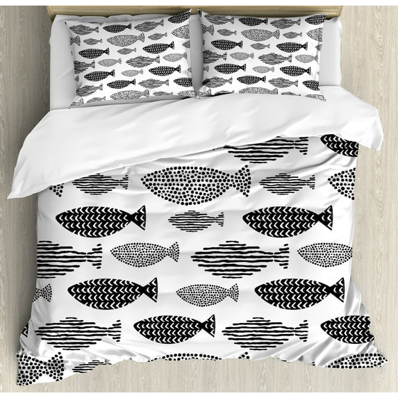Ambesonne Fish Duvet Cover Sets, Sea Animals Black White, 2-Queen, Black White