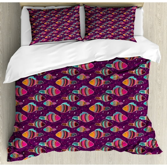 Ambesonne Fish Duvet Cover Sets, Style Ornate, 2-King, Plum Purple