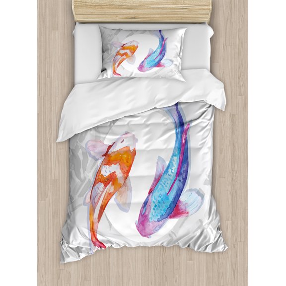 Ambesonne Fish Duvet Cover Sets, Watercolor Japanese Carps, 2-Twin, Blue Orange