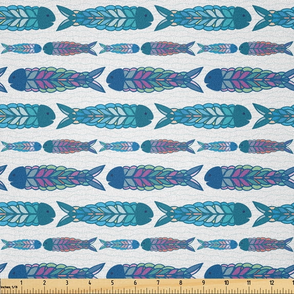 Ambesonne Fish Fabric by the Yard Microfiber, Geometric Underwater Animal, 2 Yards, Sea Blue Soft Blue
