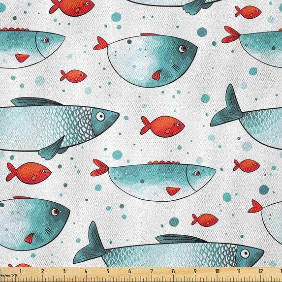 Ambesonne Fish Fabric by the Yard Microfiber, Subaquatic Animal Pattern, 10 Yards, Orange and Pale Blue