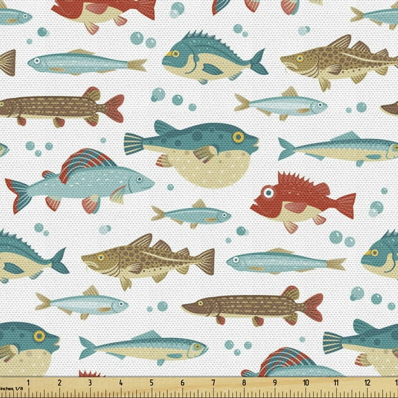 Ambesonne Fish Fabric by the Yard Upholstery, Colorful Ocean Animal Pattern, 3 Yards, Multicolor