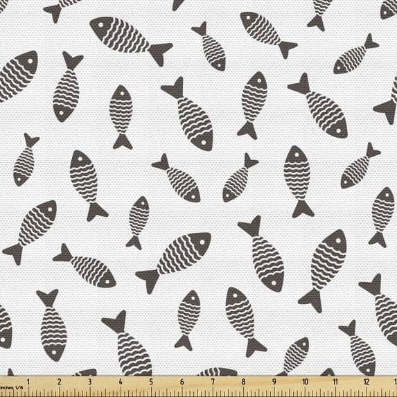 Ambesonne Fish Fabric by the Yard Upholstery, Digital Illustrated Animal Art, 2 Yards, White and Dark Taupe