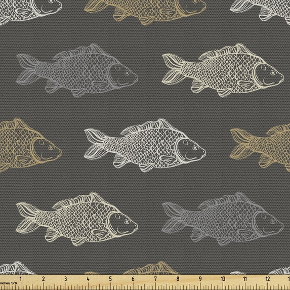 Ambesonne Fish Fabric by the Yard Upholstery, Koi Fish Animal, 2 Yards, Grey Multicolor