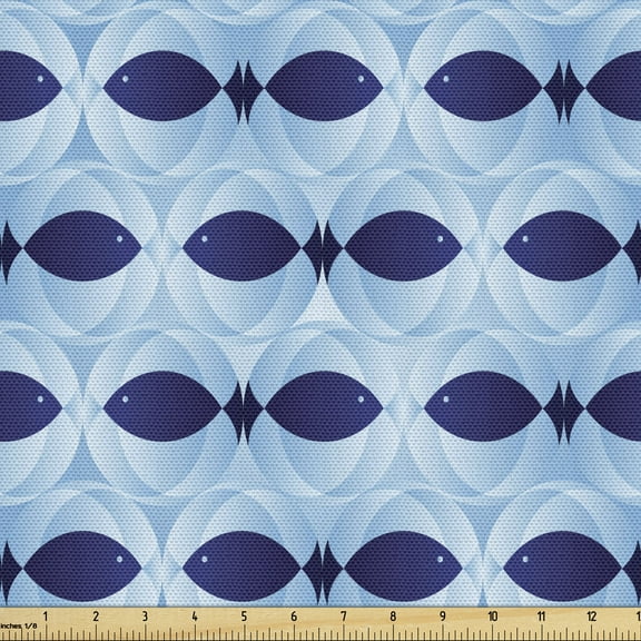 Ambesonne Fish Fabric by the Yard Upholstery, Nautical Animal Pattern, 10 Yards, Pale Blue Navy Blue