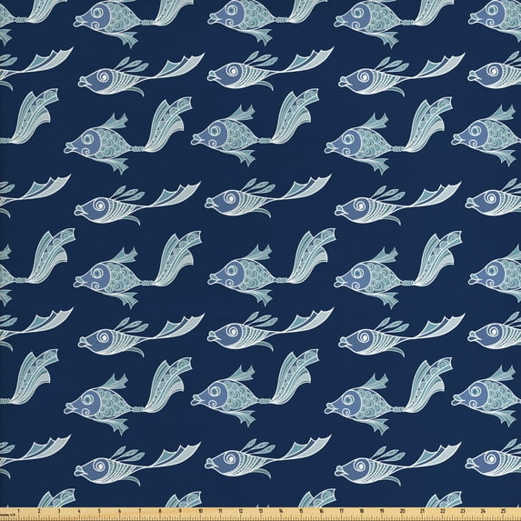 Ambesonne Fish Fabric by the Yard Upholstery, Ornamental of Underwater, 2 Yards, Night Blue Pale Seafoam