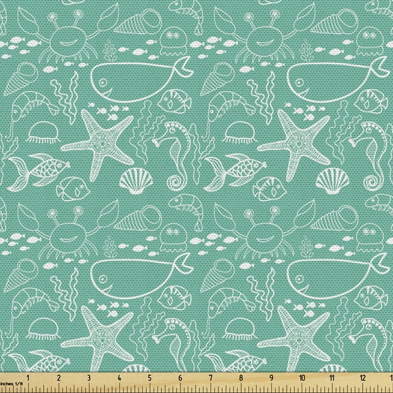Ambesonne Fish Fabric by the Yard Upholstery, Outline Doodle Marine Items, 3 Yards, Turquoise and White