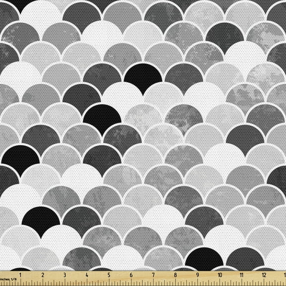 Ambesonne Fish Fabric by the Yard Upholstery, Squama Motif and Scales, 1 Yard, Black Grey White
