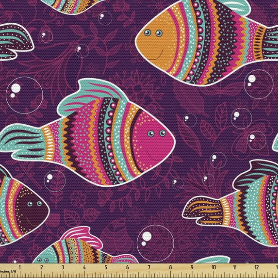 Ambesonne Fish Fabric by the Yard Upholstery, Style Ornate, 5 Yards, Plum Purple