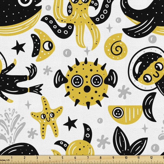 Ambesonne Fish Fabric by the Yard Upholstery, Underwater Creatures Yellow, 3 Yards, Earth Yellow Black and White