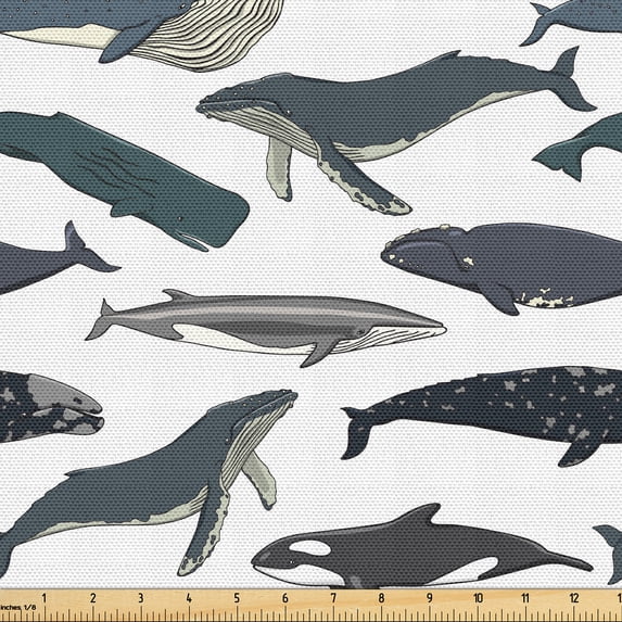 Ambesonne Fish Fabric by the Yard Upholstery, Whales Aquatic Species Marine, 2 Yards, Slate Blue and Purpleblue