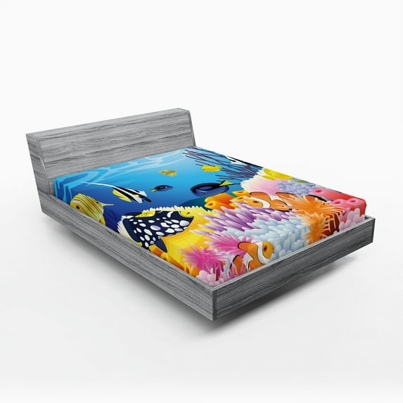 Ambesonne Fish Fitted Sheet 2 Pcs Set, Fish Coral Reefs, Full, Multicolor