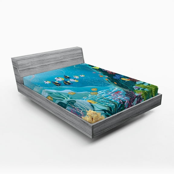 Ambesonne Fish Fitted Sheet 2 Pcs Set, Underwater Scenery, Queen, Multicolor
