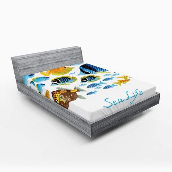 Ambesonne Fish Fitted Sheet, Cartoon Sea Life Theme, Queen Size, Multicolor