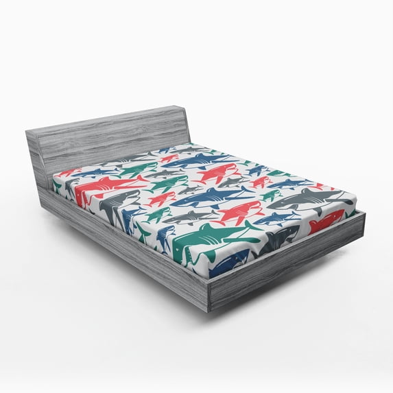 Ambesonne Fish Fitted Sheet, Colorful Shark Patterns, Full Size, Multicolor