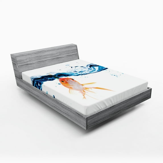 Ambesonne Fish Fitted Sheet, Goldfish Swimming in Water, Queen Size, Blue Orange
