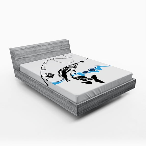 Ambesonne Fish Fitted Sheet, Hand Drawn Art Nautical, Full Size, Black Blue