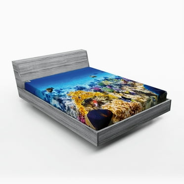Ambesonne Fish Fitted Sheet, Ocean Corals Goldfish, Full Size, Turquoise