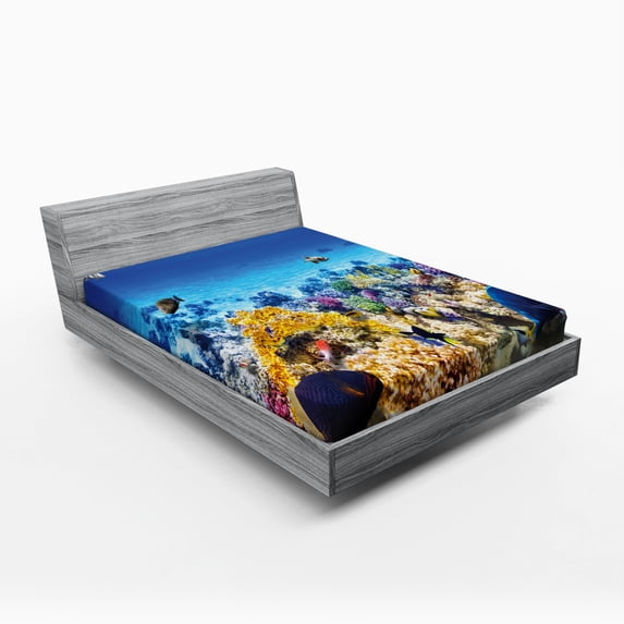 Ambesonne Fish Fitted Sheet, Ocean Corals Goldfish, Full Size, Turquoise