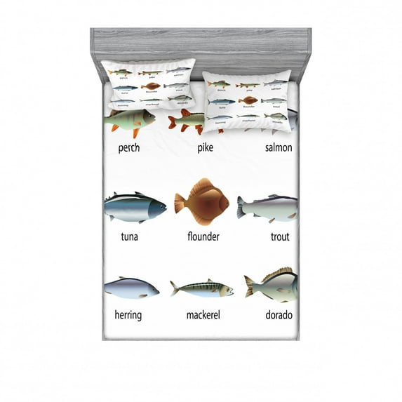 Ambesonne Fish Fitted Sheet & Pillow Sham Set, Aquatic Animal Composition, Full, Multicolor