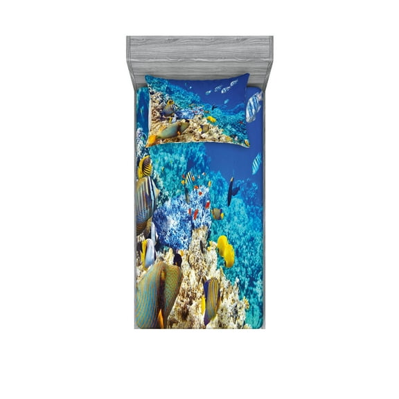 Ambesonne Fish Fitted Sheet & Pillow Sham Set, Aquatic Corals, Twinxl, Turquoise Pale Yellow