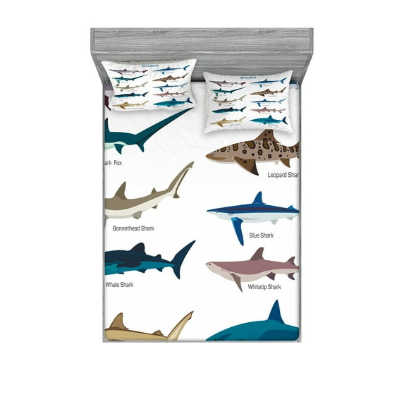 Ambesonne Fish Fitted Sheet & Pillow Sham Set, Cartoon Shark Types Wild, Full, Multicolor