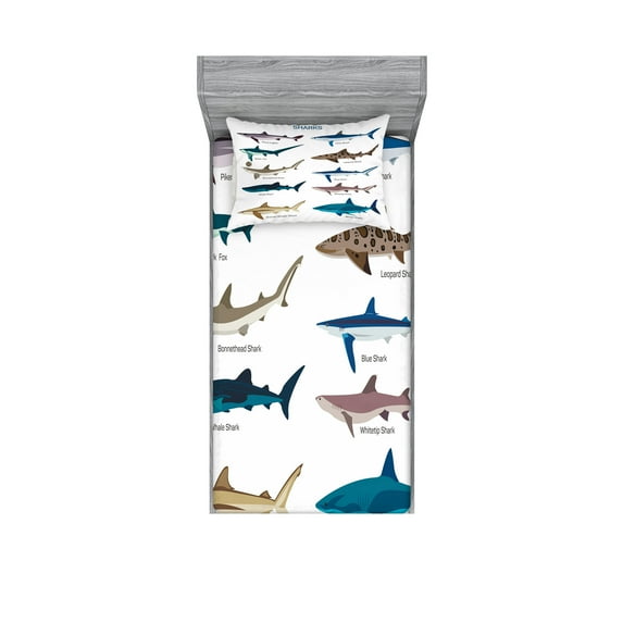 Ambesonne Fish Fitted Sheet & Pillow Sham Set, Cartoon Shark Types Wild, Twinxl, Multicolor