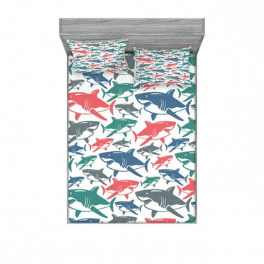 Ambesonne Fish Fitted Sheet & Pillow Sham Set, Colorful Shark Patterns, Full, Multicolor