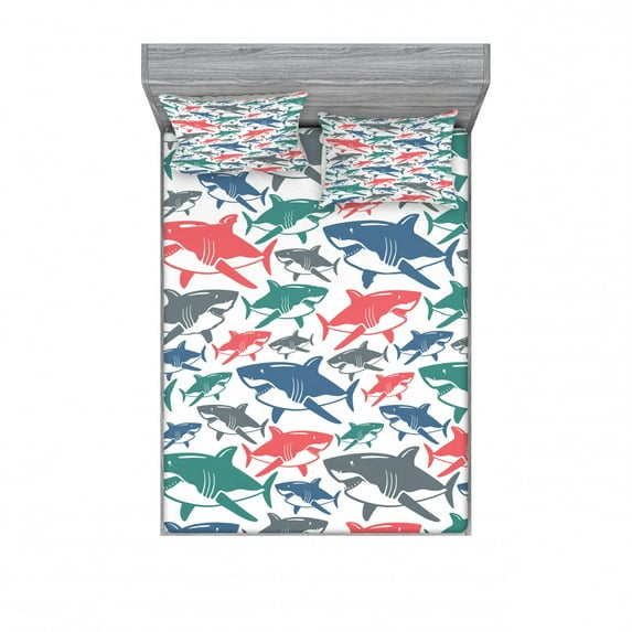 Ambesonne Fish Fitted Sheet & Pillow Sham Set, Colorful Shark Patterns, Queen, Multicolor
