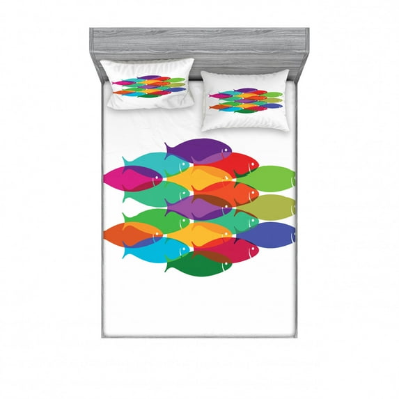 Ambesonne Fish Fitted Sheet & Pillow Sham Set, Colorful Shoal Art, Queen, Multicolor