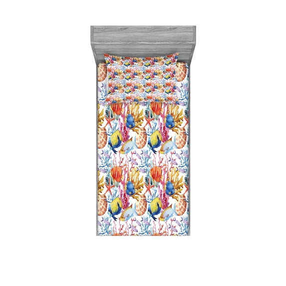 Ambesonne Fish Fitted Sheet & Pillow Sham Set, Coral Reef Scallop Shells, Twin, Multicolor