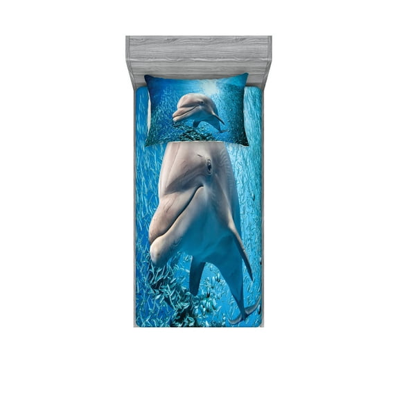 Ambesonne Fish Fitted Sheet & Pillow Sham Set, Dolphin in Ocean Marine, Twin, Blue Grey