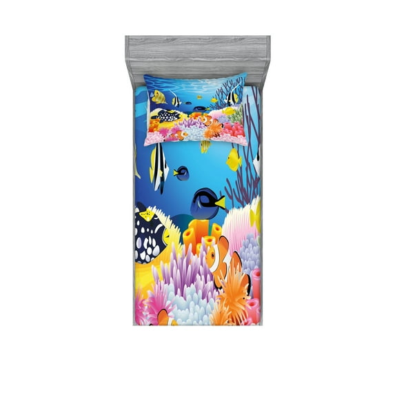 Ambesonne Fish Fitted Sheet & Pillow Sham Set, Fish Coral Reefs, Twin, Multicolor