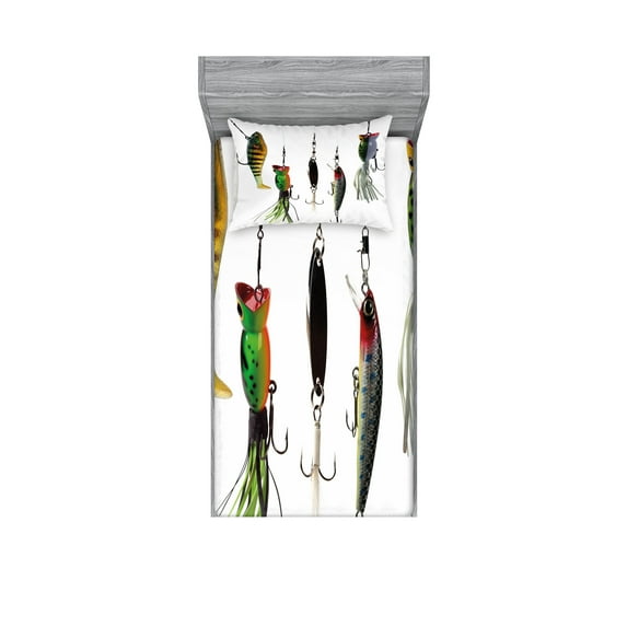 Ambesonne Fish Fitted Sheet & Pillow Sham Set, Fishing Baits Hobby Leisure, Twin, Multicolor