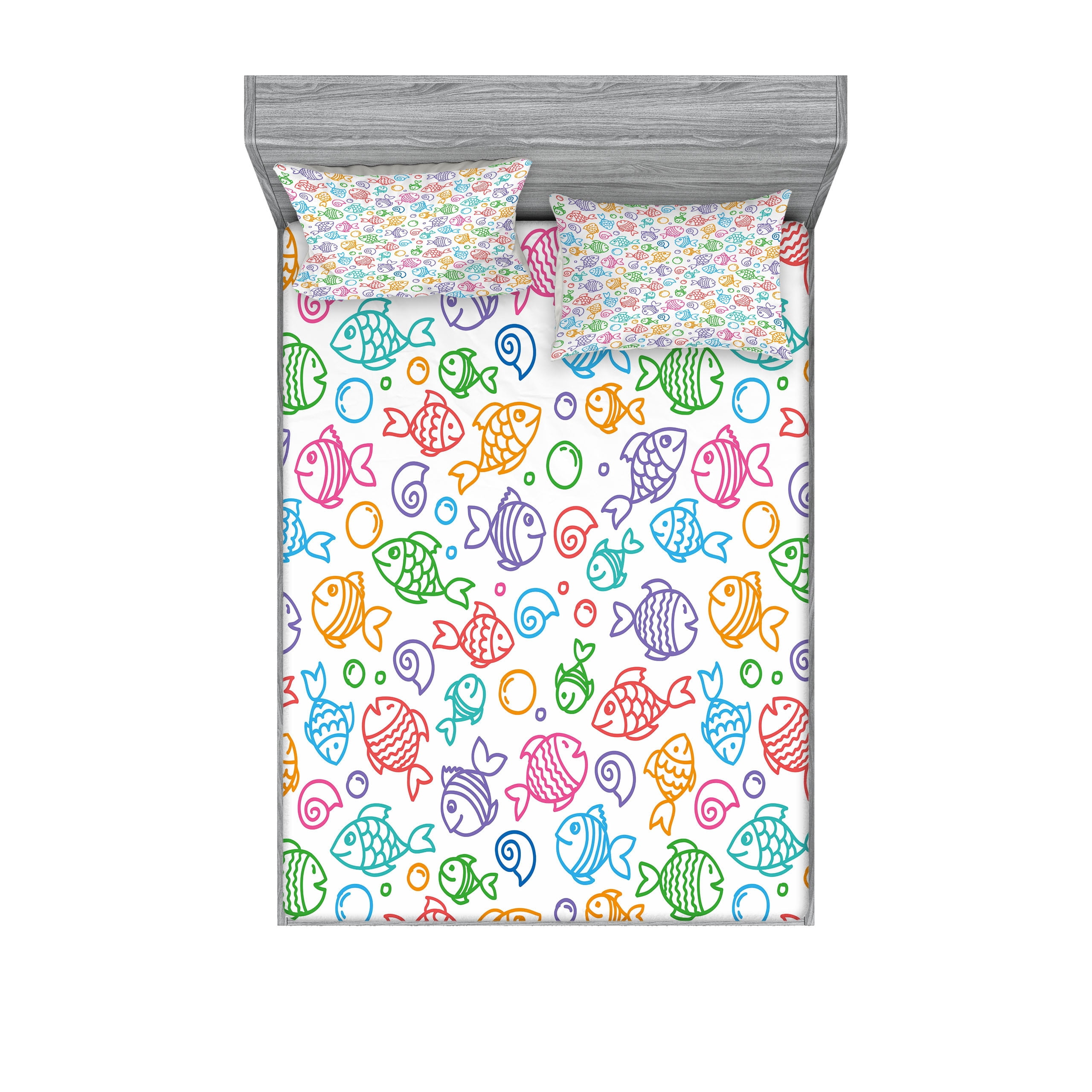 Ambesonne Fish Fitted Sheet & Pillow Sham Set, Funny Fish Aquaic Motif ...