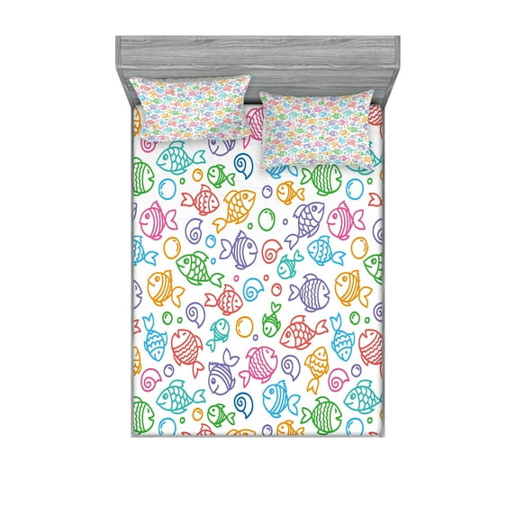 Ambesonne Fish Fitted Sheet & Pillow Sham Set, Funny Fish Aquaic Motif, Queen, Multicolor
