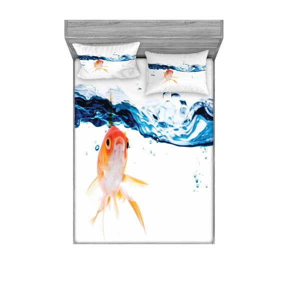 Ambesonne Fish Fitted Sheet & Pillow Sham Set, Goldfish Swimming in Water, Queen, Blue Orange